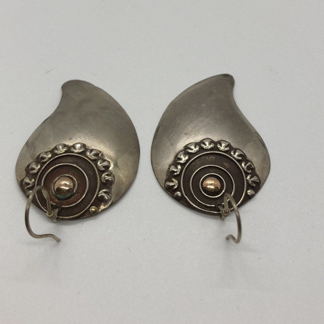 Vintage Hand made Indonesian Sterling Silver with Gold Wash Earrings, Large, new old stock, shields