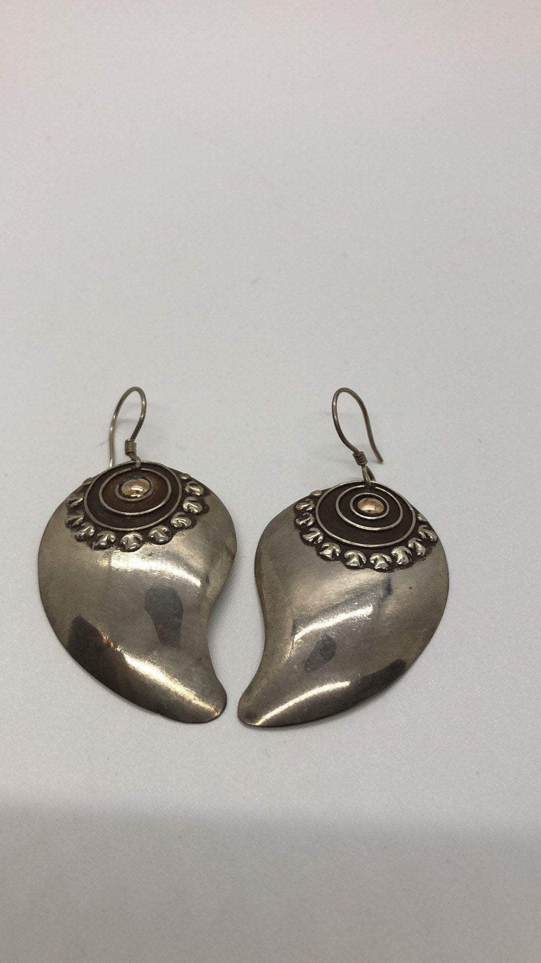 Vintage Hand made Indonesian Sterling Silver with Gold Wash Earrings, Large, new old stock, shields