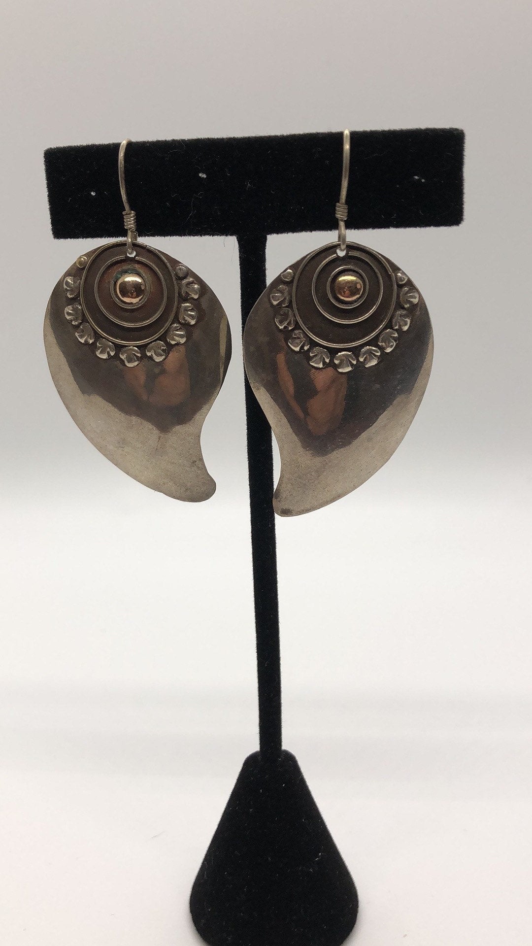 Vintage Hand made Indonesian Sterling Silver with Gold Wash Earrings, Large, new old stock, shields