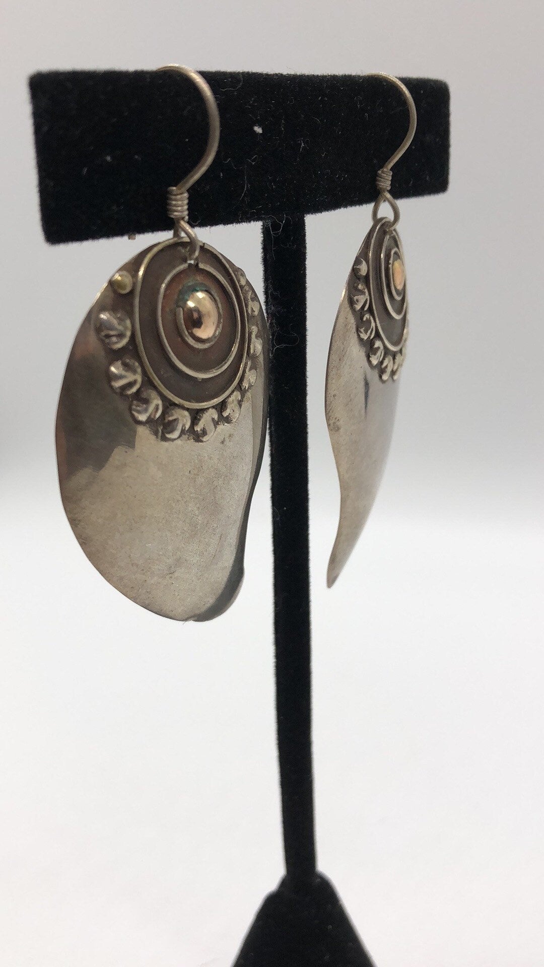 Vintage Hand made Indonesian Sterling Silver with Gold Wash Earrings, Large, new old stock, shields