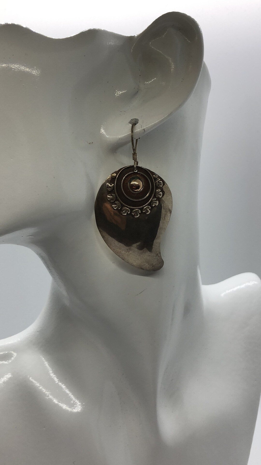 Vintage Hand made Indonesian Sterling Silver with Gold Wash Earrings, Large, new old stock, shields