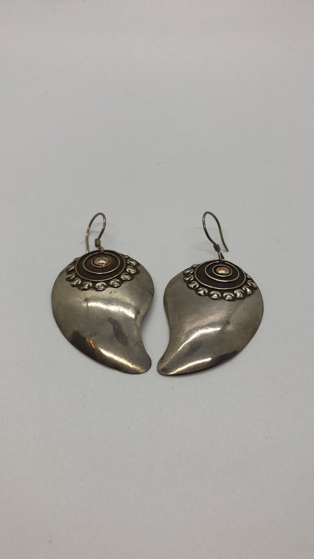 Vintage Hand made Indonesian Sterling Silver with Gold Wash Earrings, Large, new old stock, shields