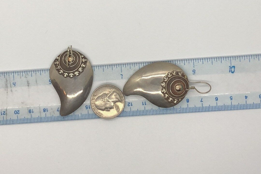 Vintage Hand made Indonesian Sterling Silver with Gold Wash Earrings, Large, new old stock, shields