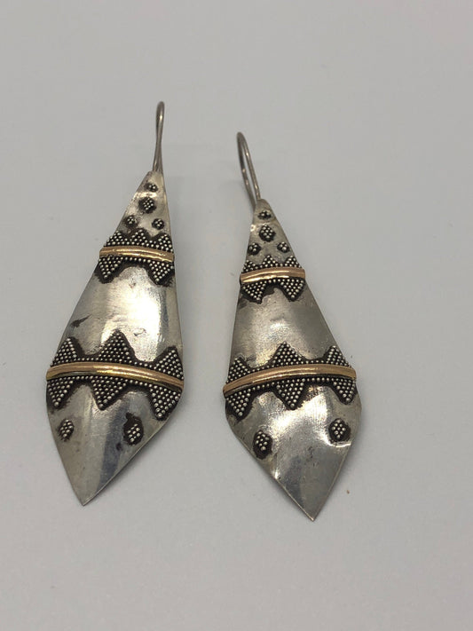Vintage Hand made Indonesian Sterling Silver with Gold Wash Earrings, Large, new old stock, shields