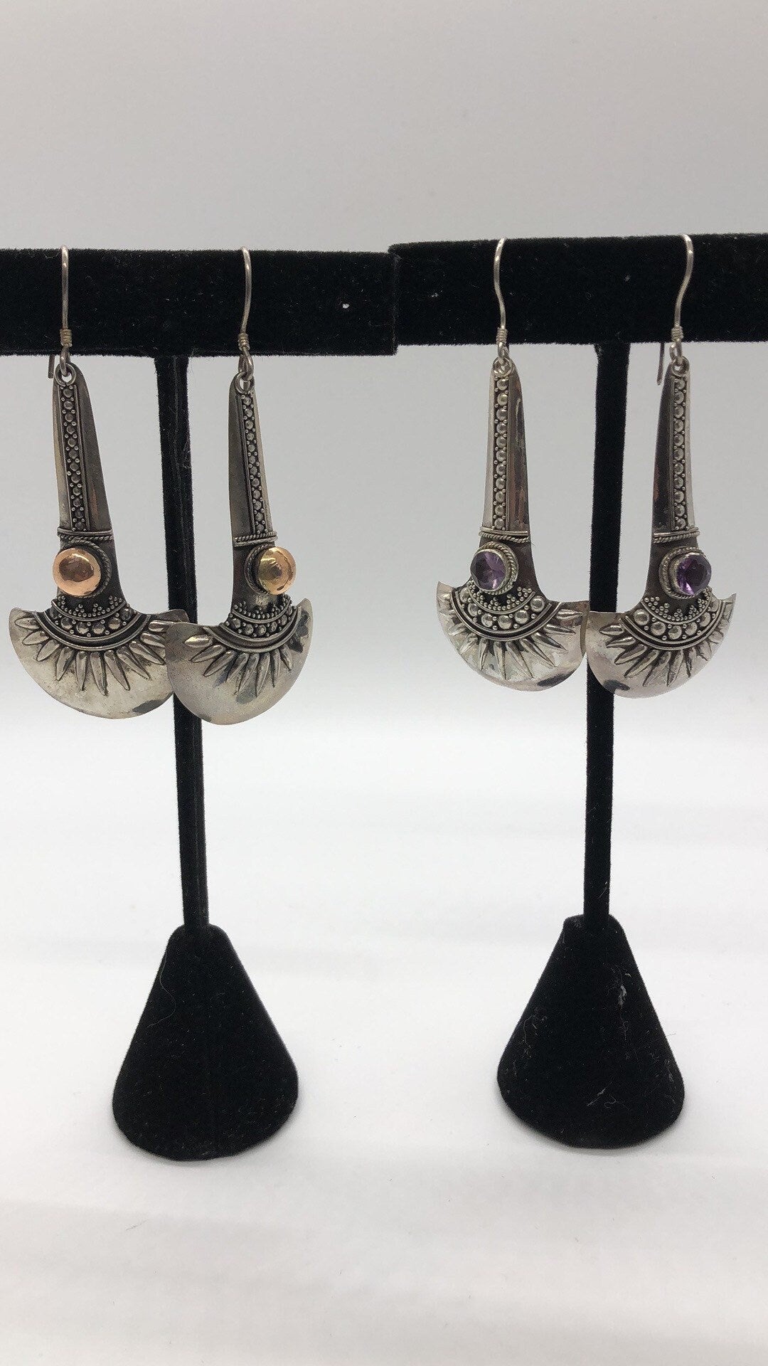 Vintage Hand made Indonesian Sterling Silver with amethyst or Gold Wash Earrings, Large, new old stock, shields