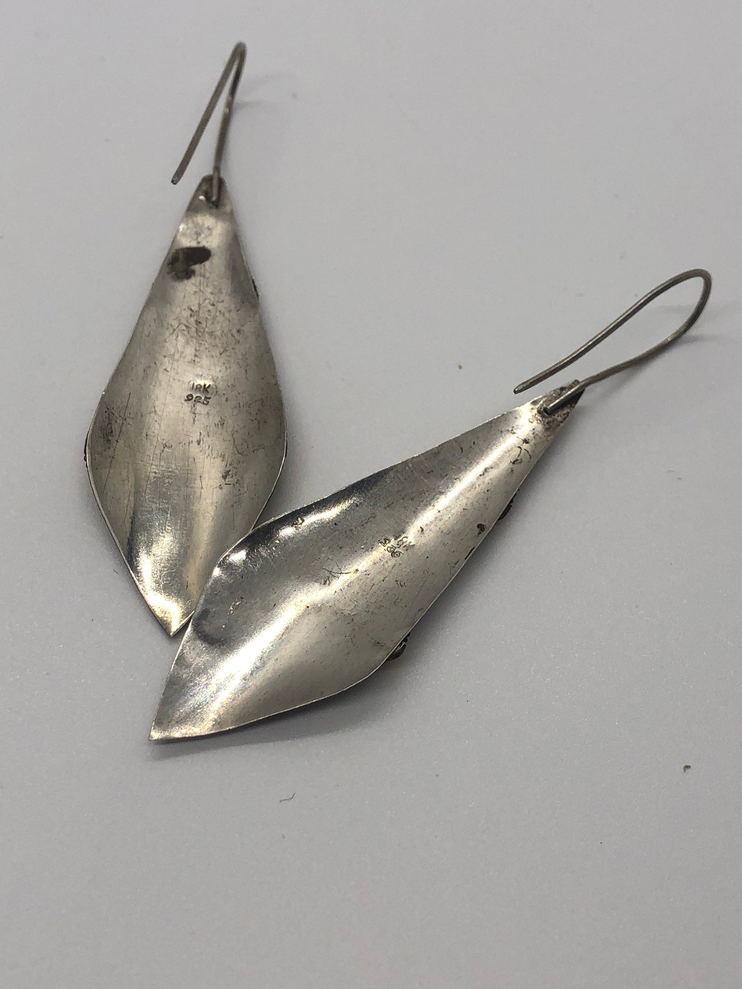Vintage Hand made Indonesian Sterling Silver with Gold Wash Earrings, Large, new old stock, shields