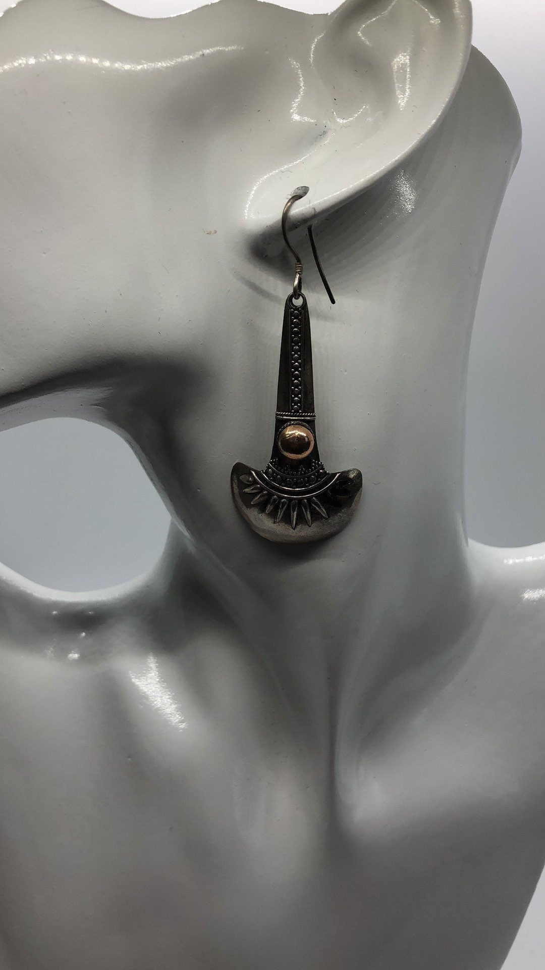 Vintage Hand made Indonesian Sterling Silver with amethyst or Gold Wash Earrings, Large, new old stock, shields