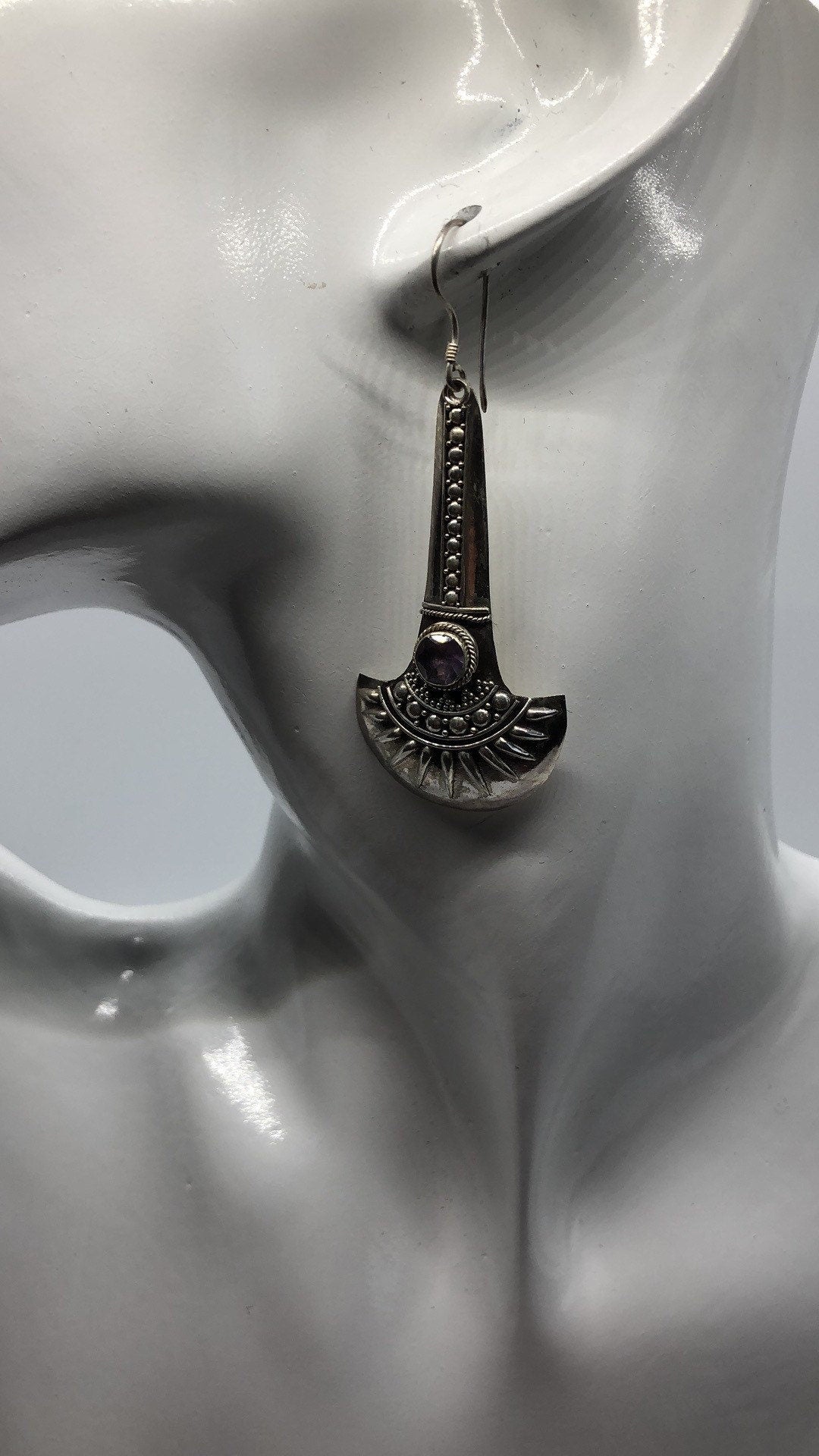 Vintage Hand made Indonesian Sterling Silver with amethyst or Gold Wash Earrings, Large, new old stock, shields