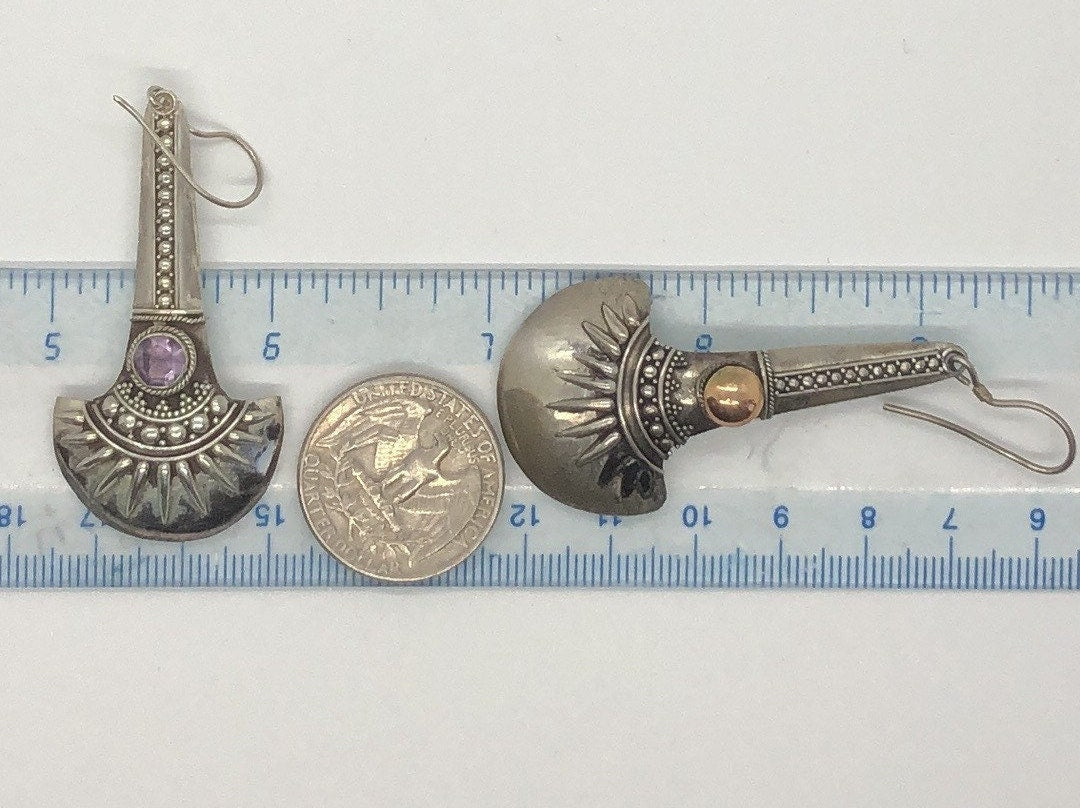 Vintage Hand made Indonesian Sterling Silver with amethyst or Gold Wash Earrings, Large, new old stock, shields