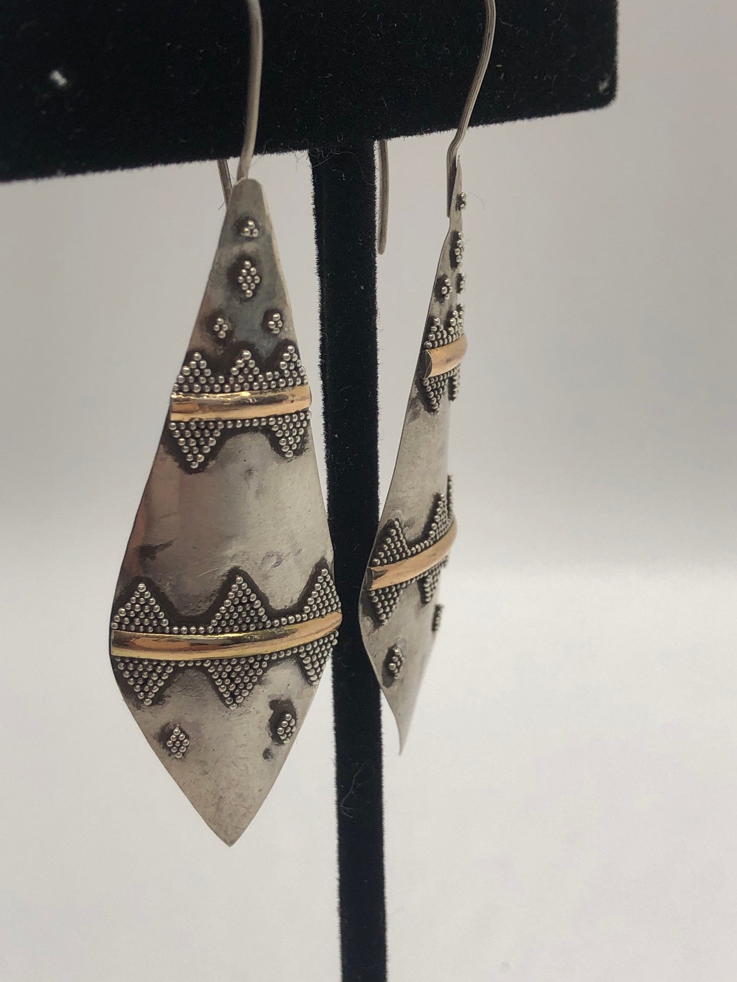Vintage Hand made Indonesian Sterling Silver with Gold Wash Earrings, Large, new old stock, shields