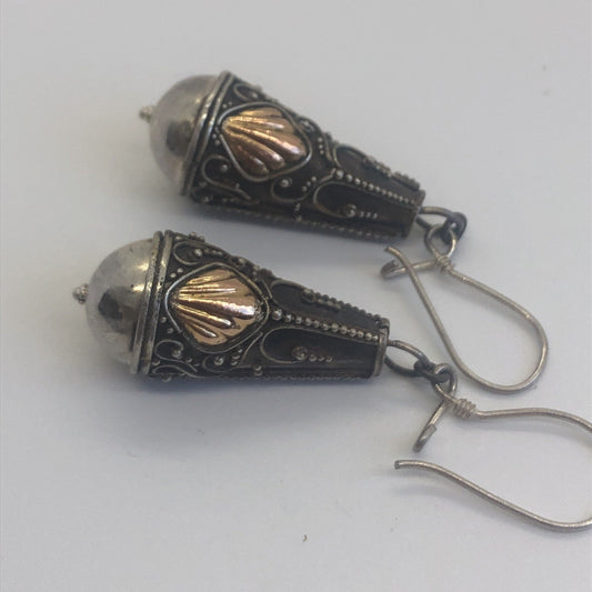 Vintage Handmade Sterling Silver and Gold Wash  Earrings Indonesia, Vintage old stock, ornate