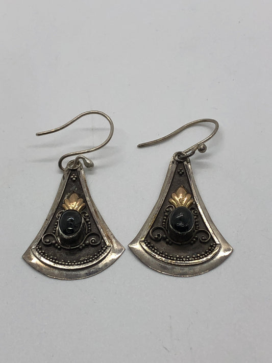Large Handmade Sterling, Onyx  and gold wash french hook Earrings Indonesia, Vintage new old stock, Beautiful