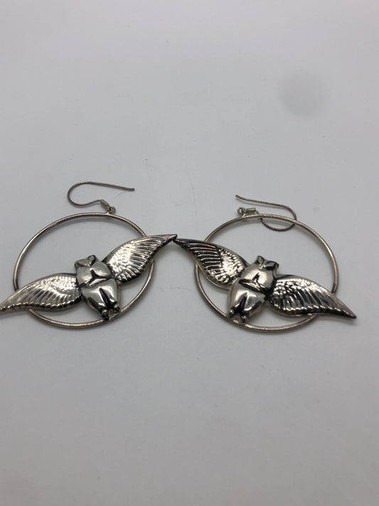 Large Owl hoop Handmade Sterling Silver Earrings Indonesia, Vintage old stock, Beautiful and massive