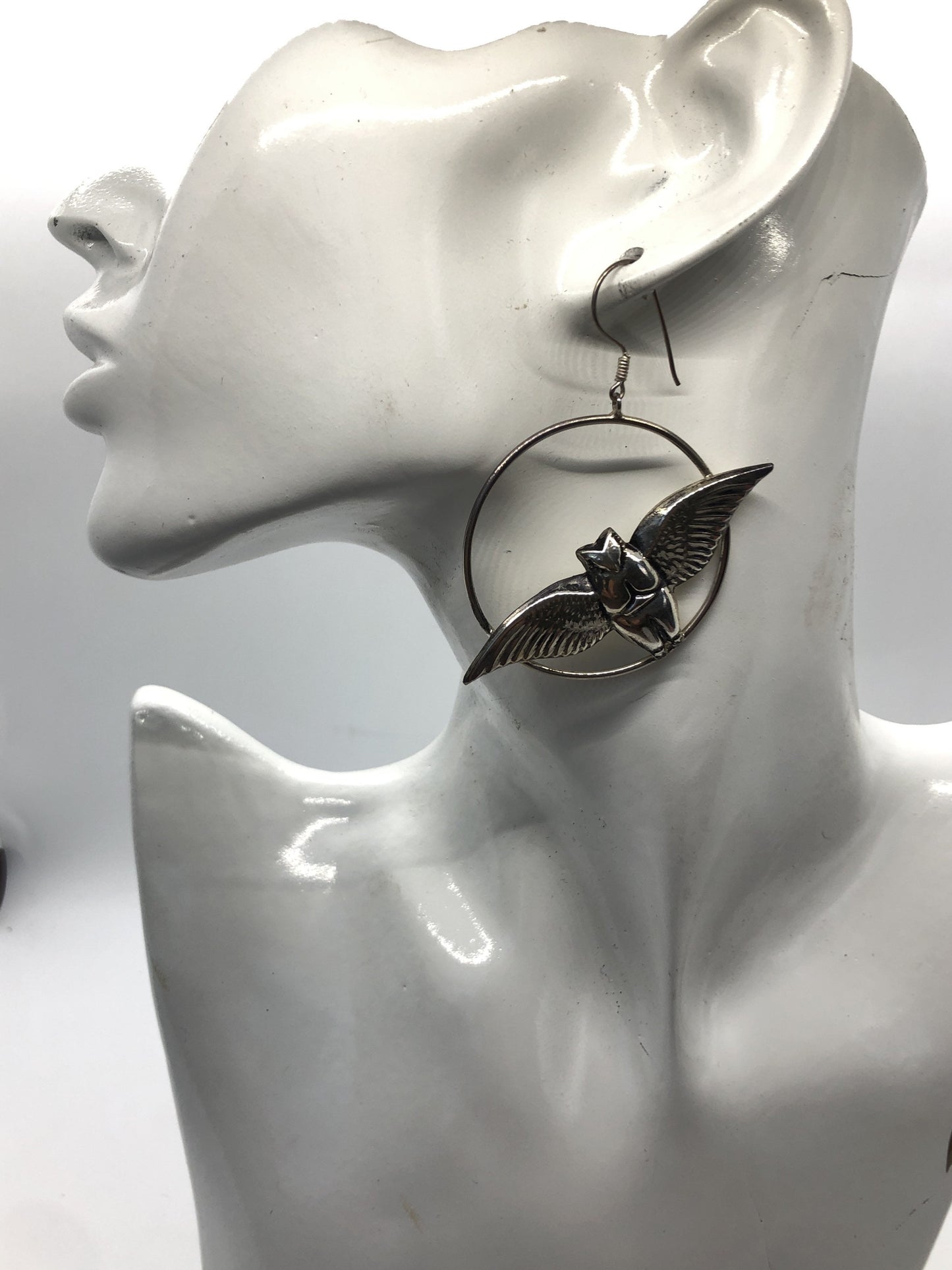 Large Owl hoop Handmade Sterling Silver Earrings Indonesia, Vintage old stock, Beautiful and massive