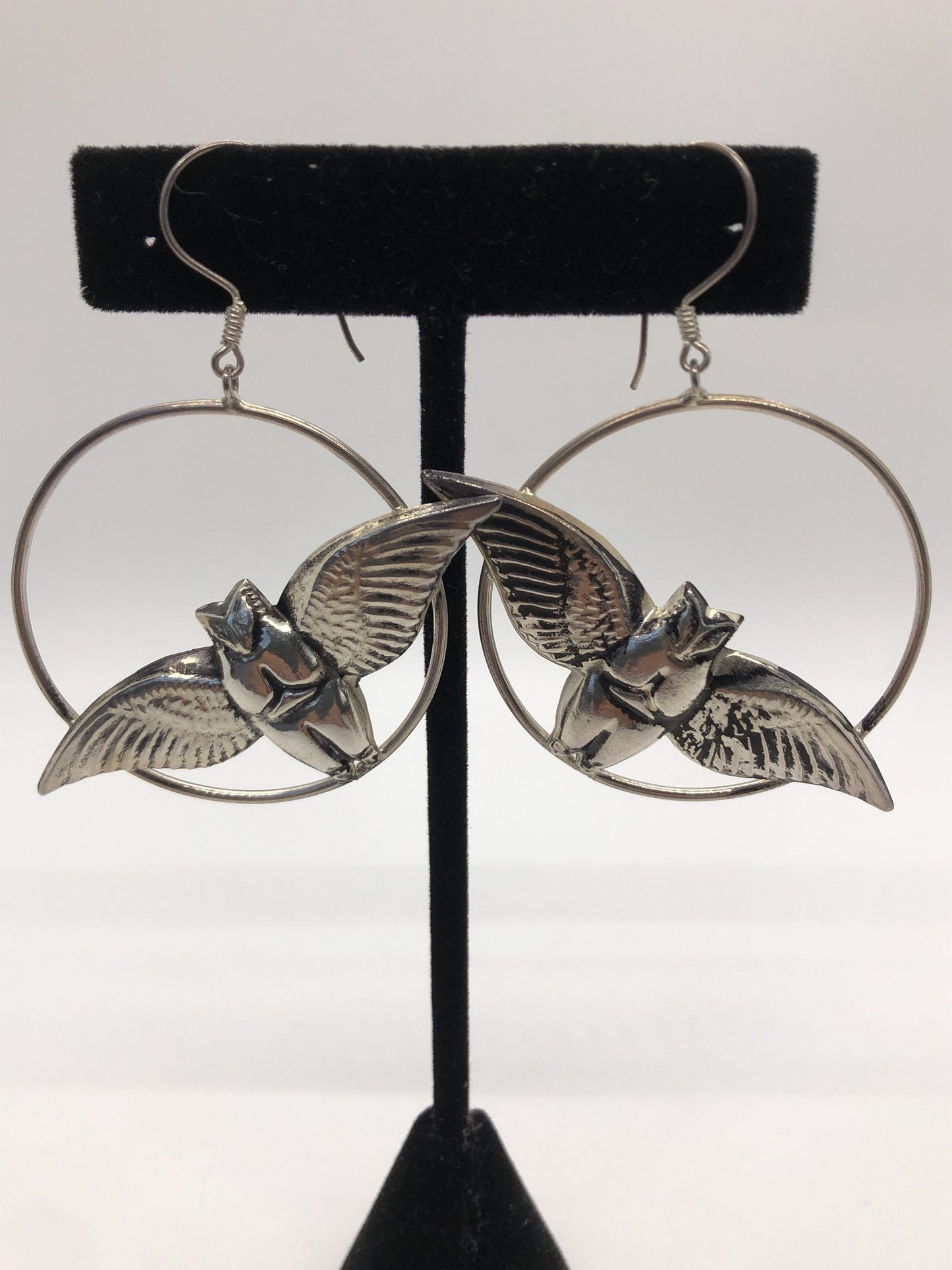 Large Owl hoop Handmade Sterling Silver Earrings Indonesia, Vintage old stock, Beautiful and massive