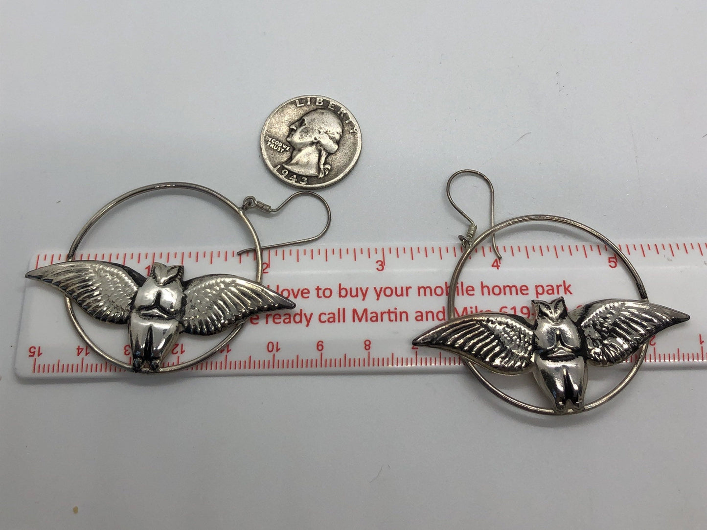 Large Owl hoop Handmade Sterling Silver Earrings Indonesia, Vintage old stock, Beautiful and massive