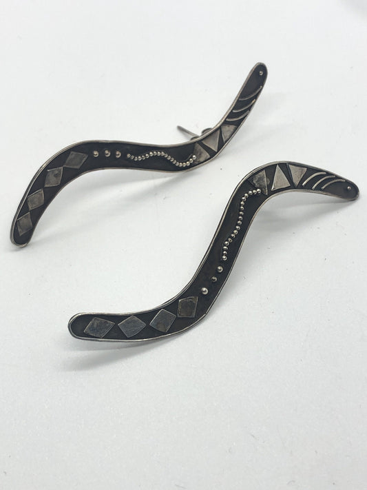 Large Sterling Silver boomerang shape earrings new vintage old stock, Indonesia Post back
