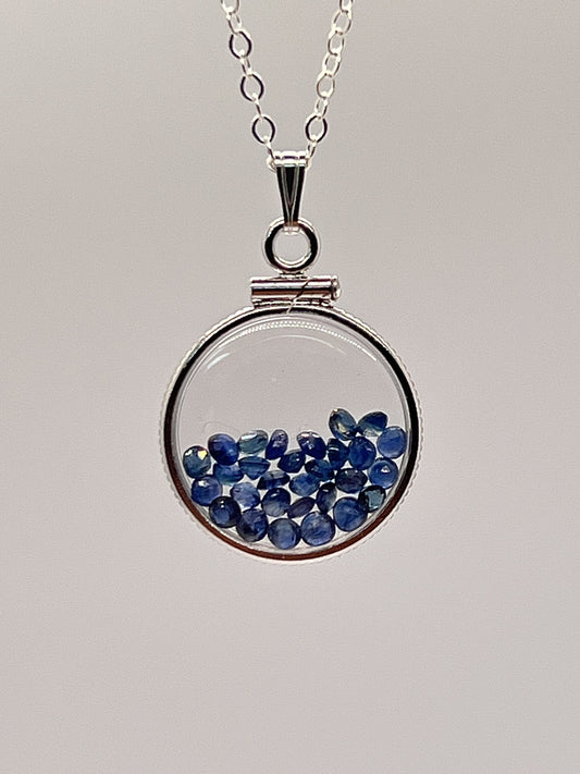 Handmade Dime Size Sterling Silver Sapphire Shaker Locket Lucite View Locket, Necklace, Beautiful September Birthstone. 2.5 TCW