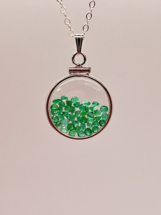Handmade Dime Size  Sterling Silver Emerald Shaker Locket Lucite View Locket, Necklace, Beautiful May Birthstone. 2.0 TCW