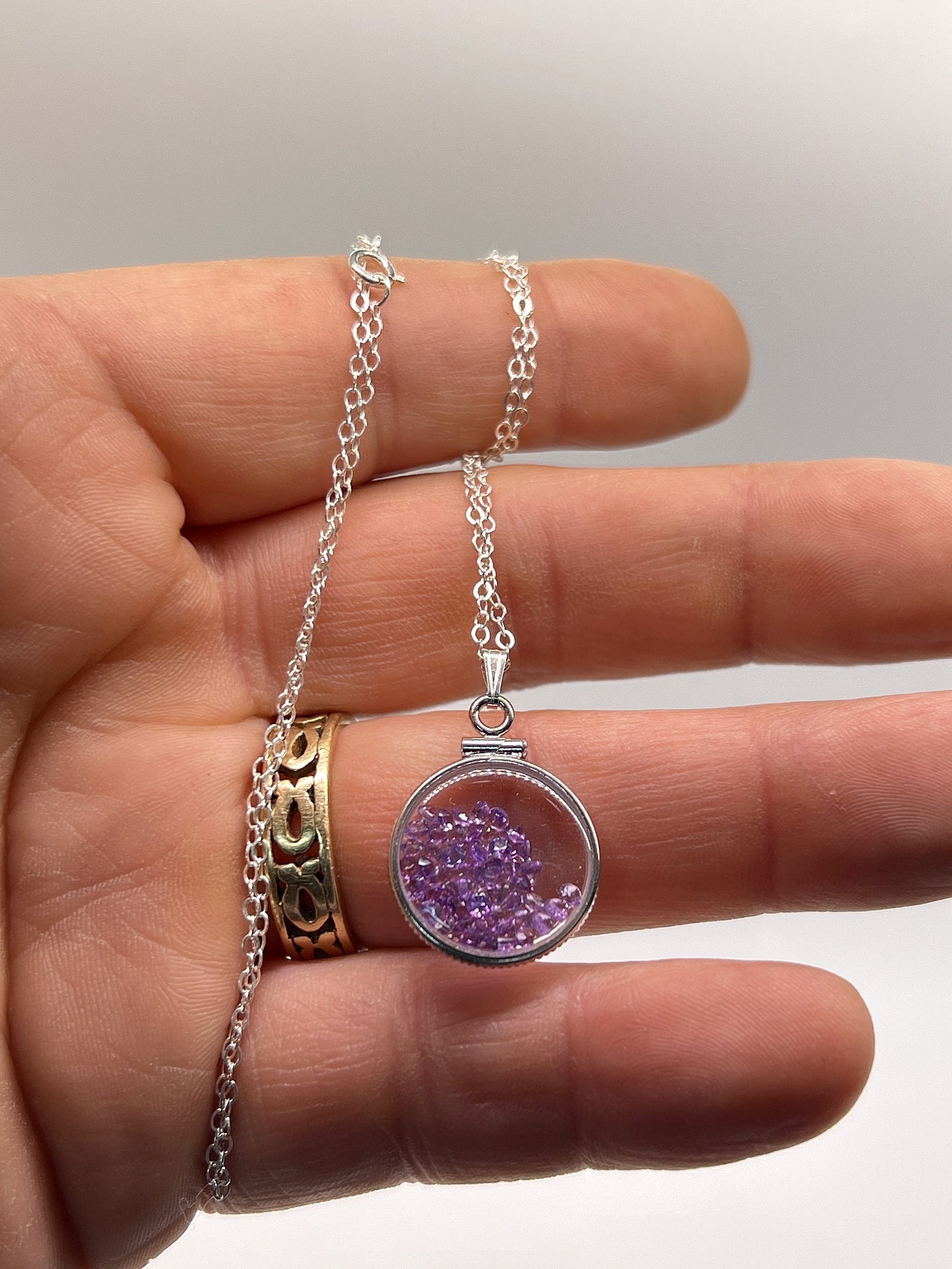 Handmade Dime Size Sterling Silver Amethyst Shaker Locket Lucite View Locket, Necklace, Beautiful February Birthstone. 2.0 TCW.
