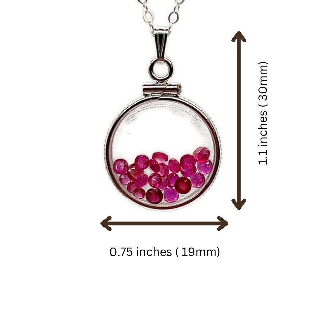 Handmade Dime size  Sterling Silver Ruby Shaker Locket Lucite View Locket, Necklace, Beautiful JULY Birthstone. 2.5 TCW round cut rubies