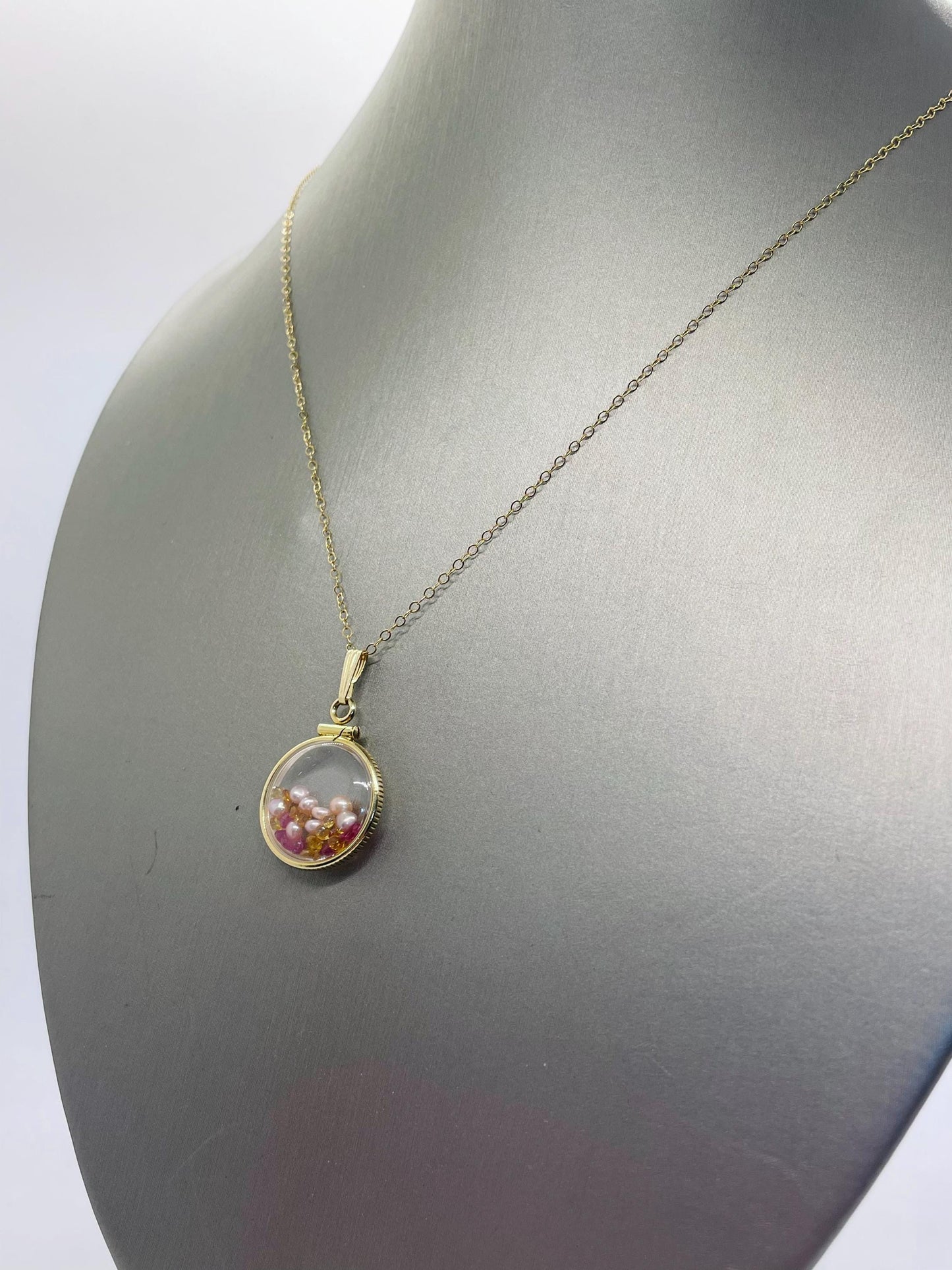14k Solid Gold Handmade Dime size ruby, citrine, pearl shaker locket artistic series, beautiful mix