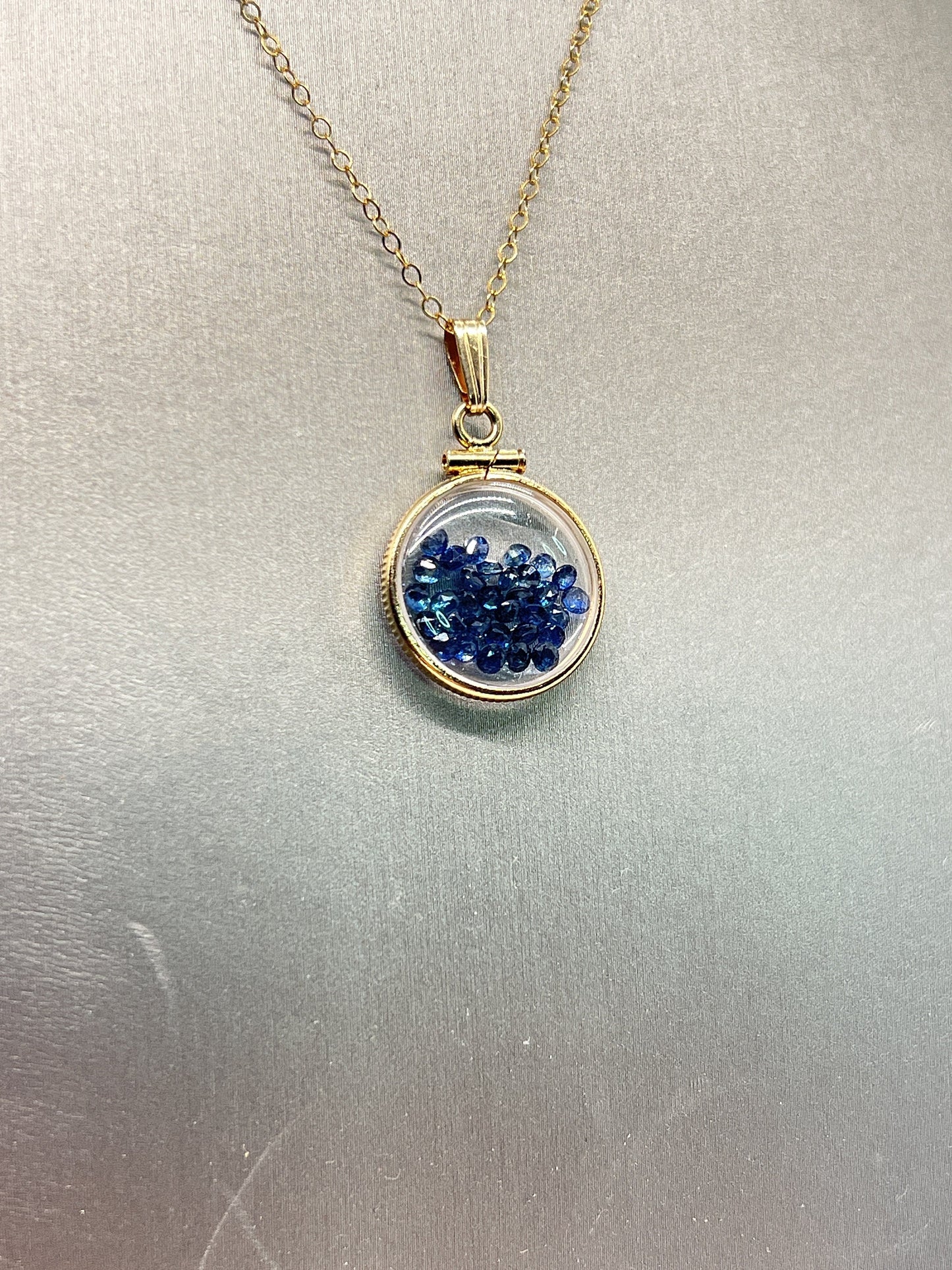 14k Solid Gold Handmade Dime size Sapphire shaker locket, 2.0 TCW,  September birthstone.