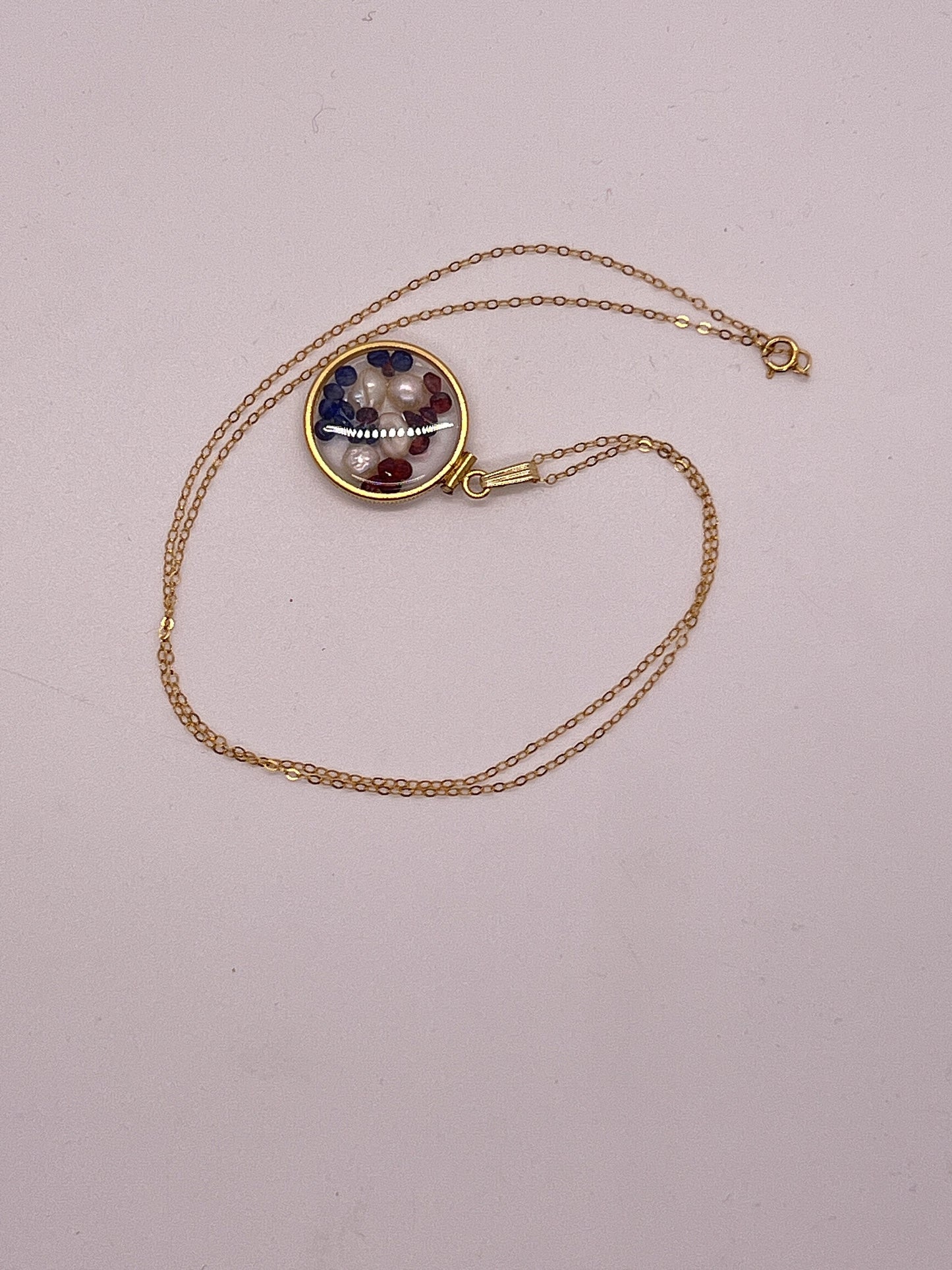 Solid 14k Gold Lucite Handmade mix of Garnet, Sapphire and Pearl Shaker Locket. Round cut Colorful gems. Artistic Series-US Flag colors