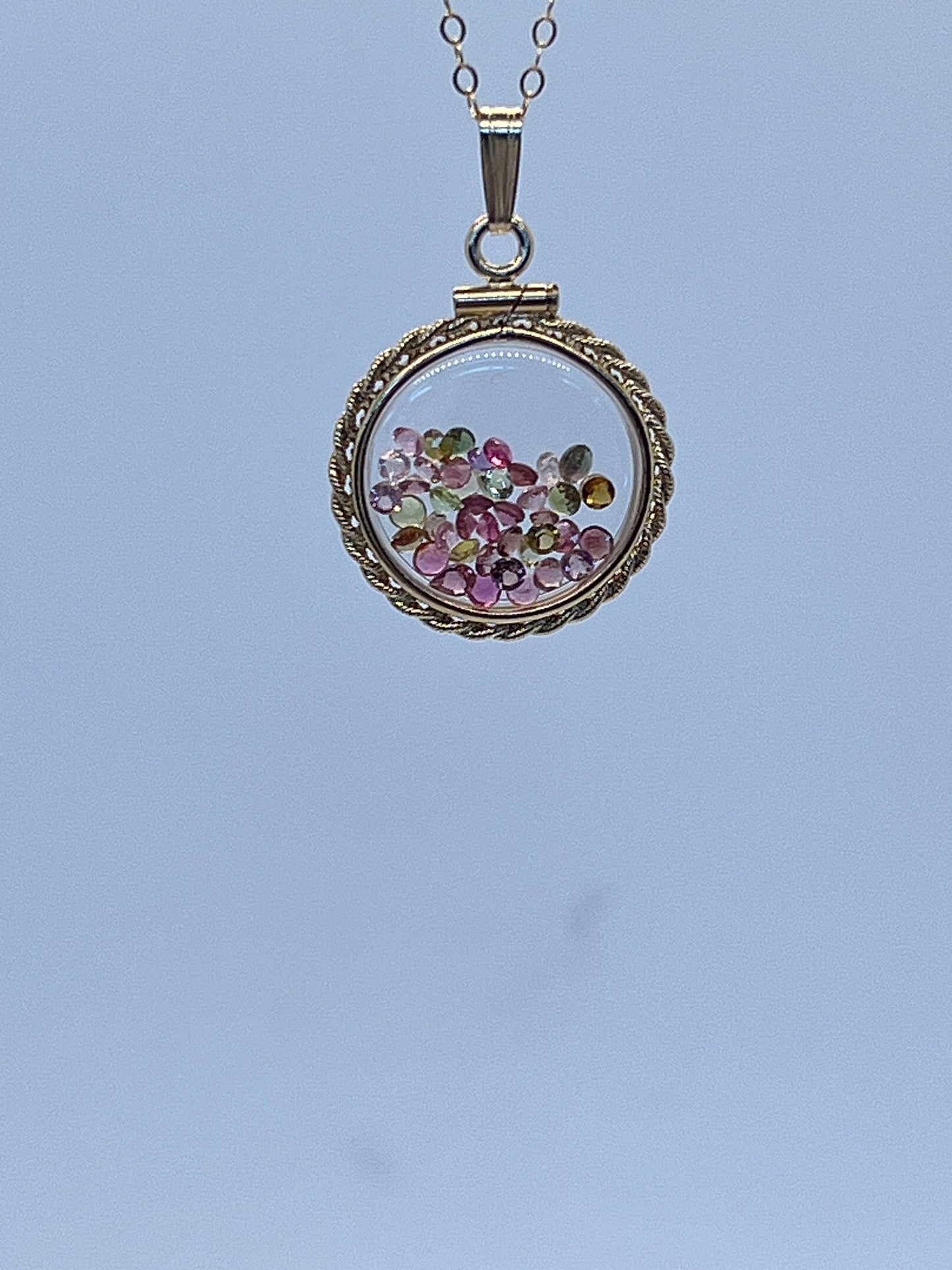Hand Made 21 mm Nickel Size 14k Gold Filled Lucite Tourmaline Shaker Locket With ROPE EDGE, Beautiful October Birthstone.
