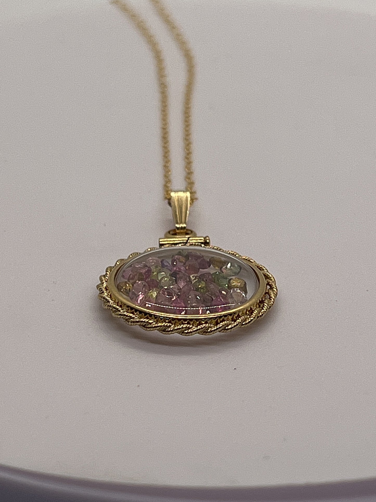 Hand Made 21 mm Nickel Size 14k Gold Filled Lucite Tourmaline Shaker Locket With ROPE EDGE, Beautiful October Birthstone.