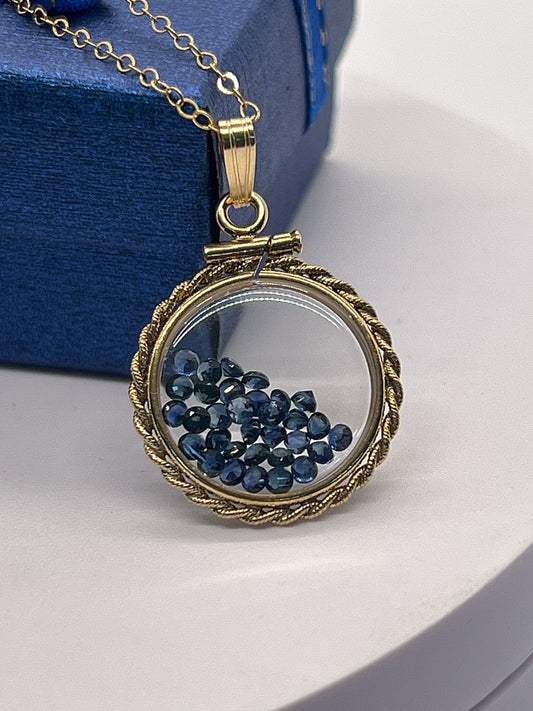 Hand Made 21 mm Nickel Size 14k Gold Filled Lucite Sapphire Shaker Locket With ROPE EDGE, September Birthstone.