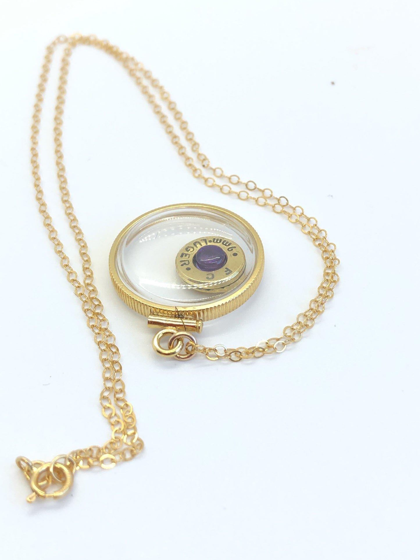 Handmade 14k gold filled 9 mm bullet view  locket, finished with a 0.4 CT, 4mm genuine Amethyst gemstone, February birthday