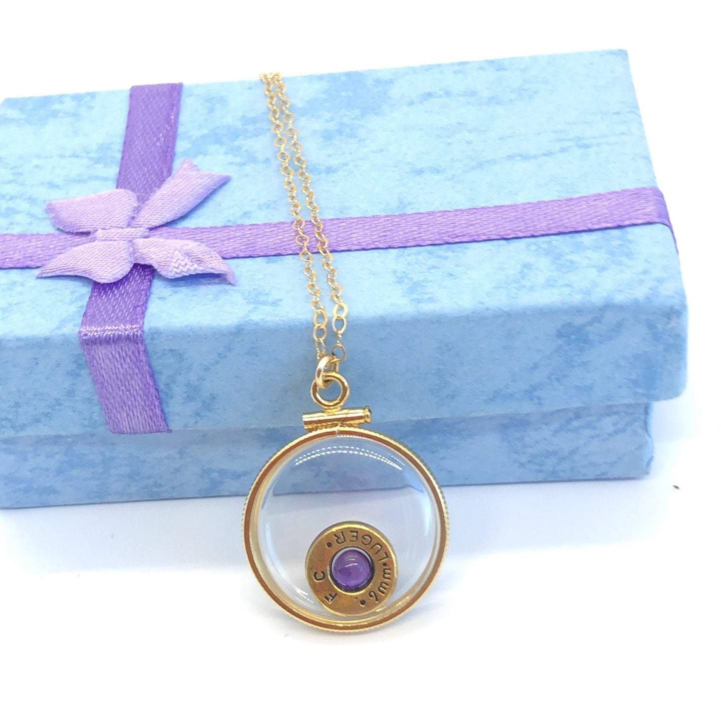 Handmade 14k gold filled 9 mm bullet view  locket, finished with a 0.4 CT, 4mm genuine Amethyst gemstone, February birthday