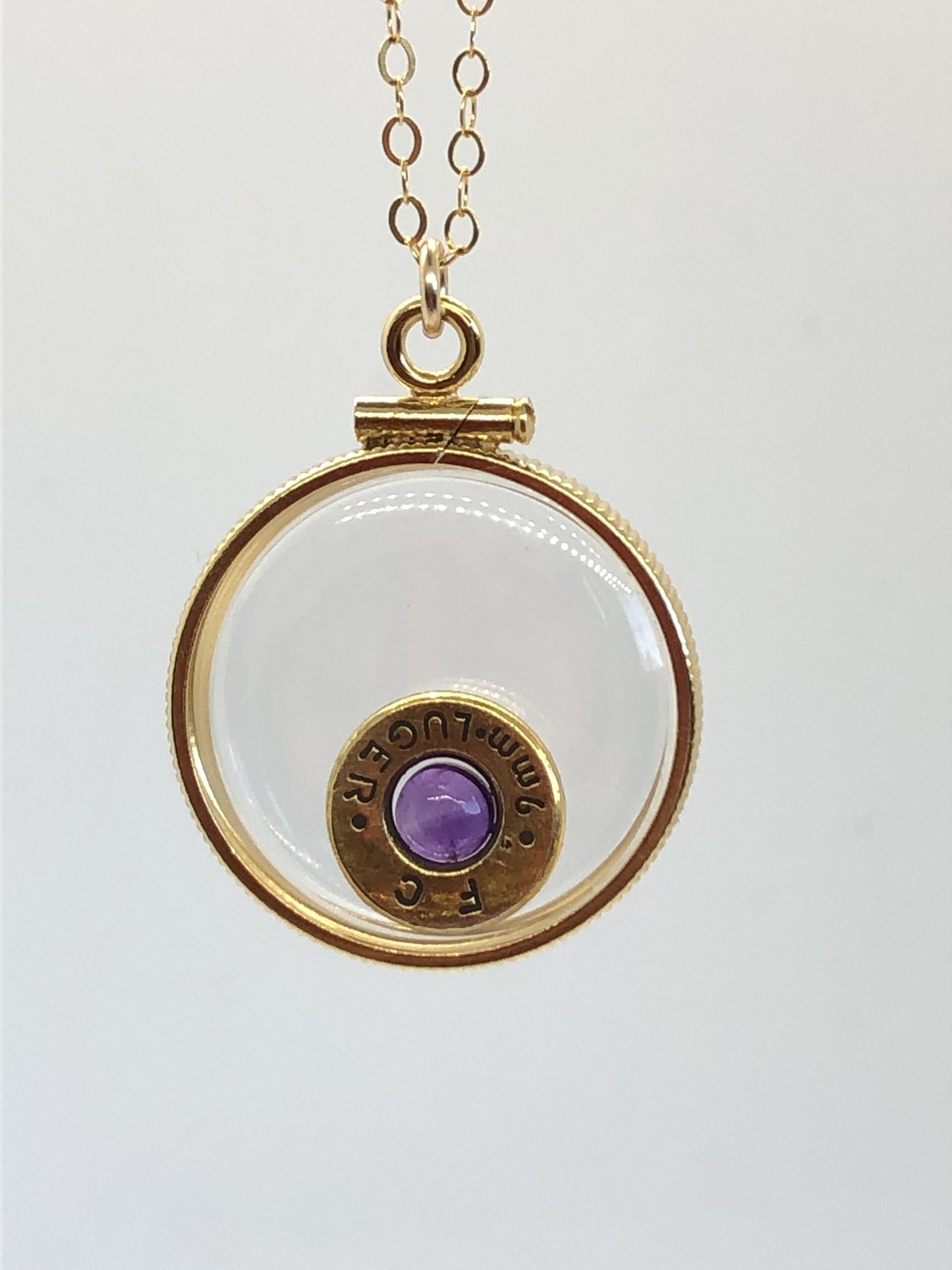 Handmade 14k gold filled 9 mm bullet view  locket, finished with a 0.4 CT, 4mm genuine Amethyst gemstone, February birthday