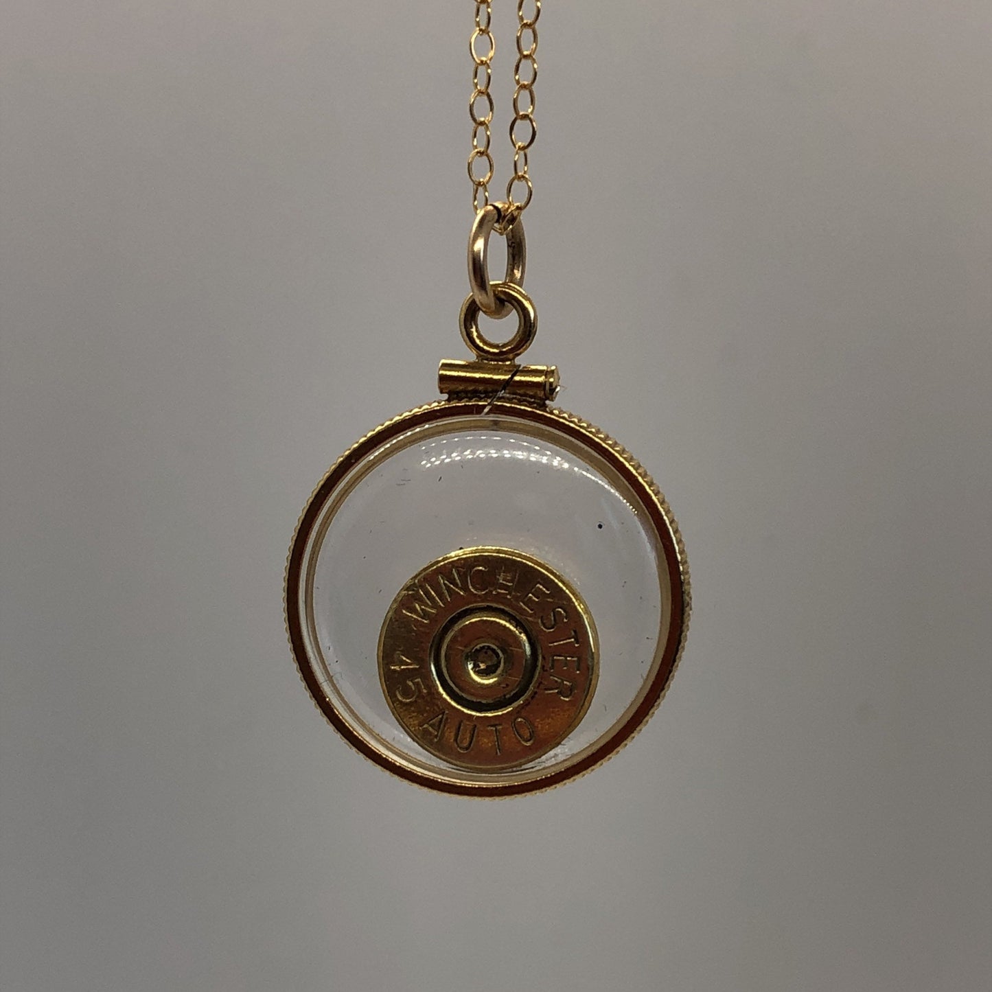 Winchester 45 cal. bullet necklace,  back to back view locket, 14k gold filled locket, February birthstone