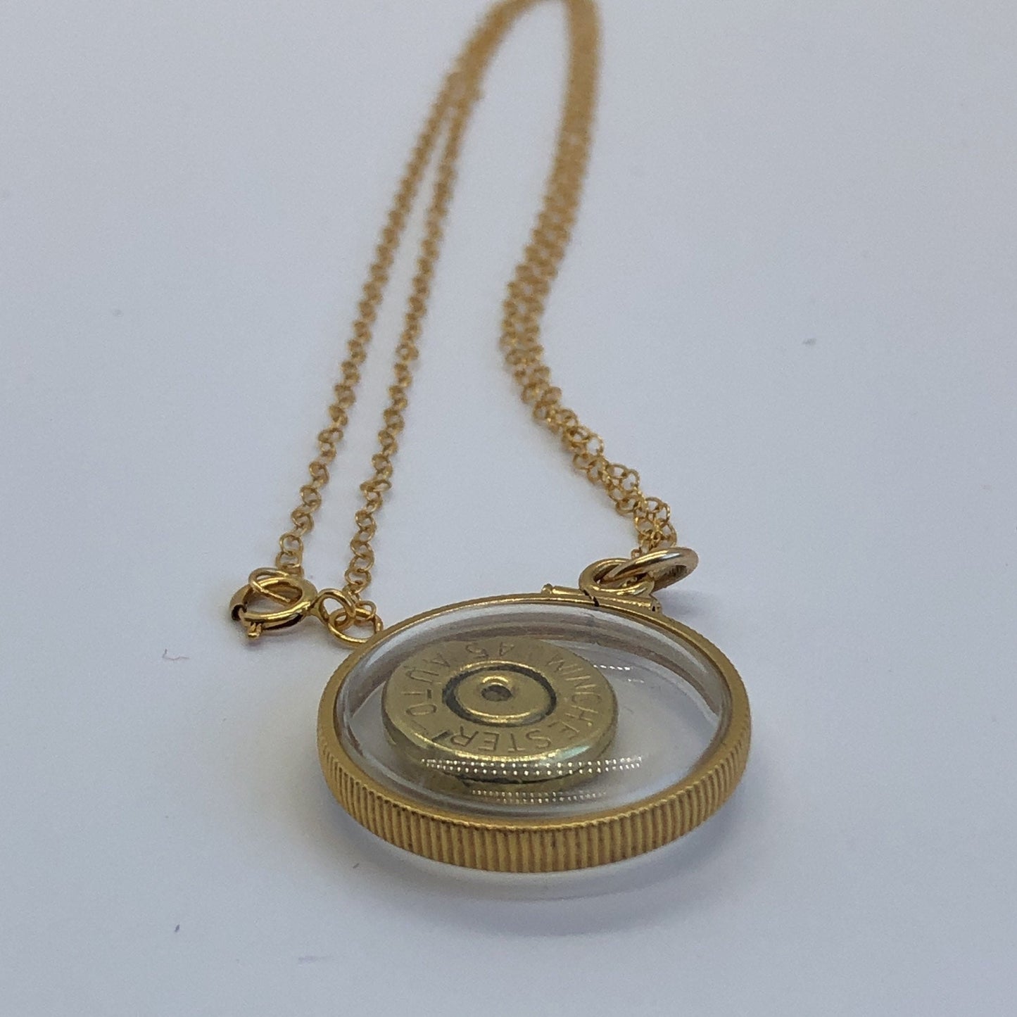 Winchester 45 cal. bullet necklace,  back to back view locket, 14k gold filled locket, February birthstone