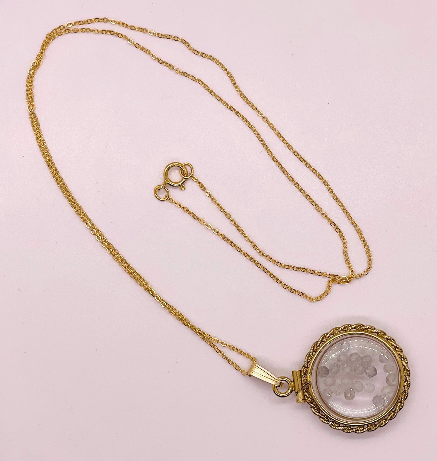 Hand Made 21 mm Nickel Size 14k Gold Filled Lucite Genuine Moonstone Shaker Locket with ROPE EDGE and  Beautiful Bead Crystals.