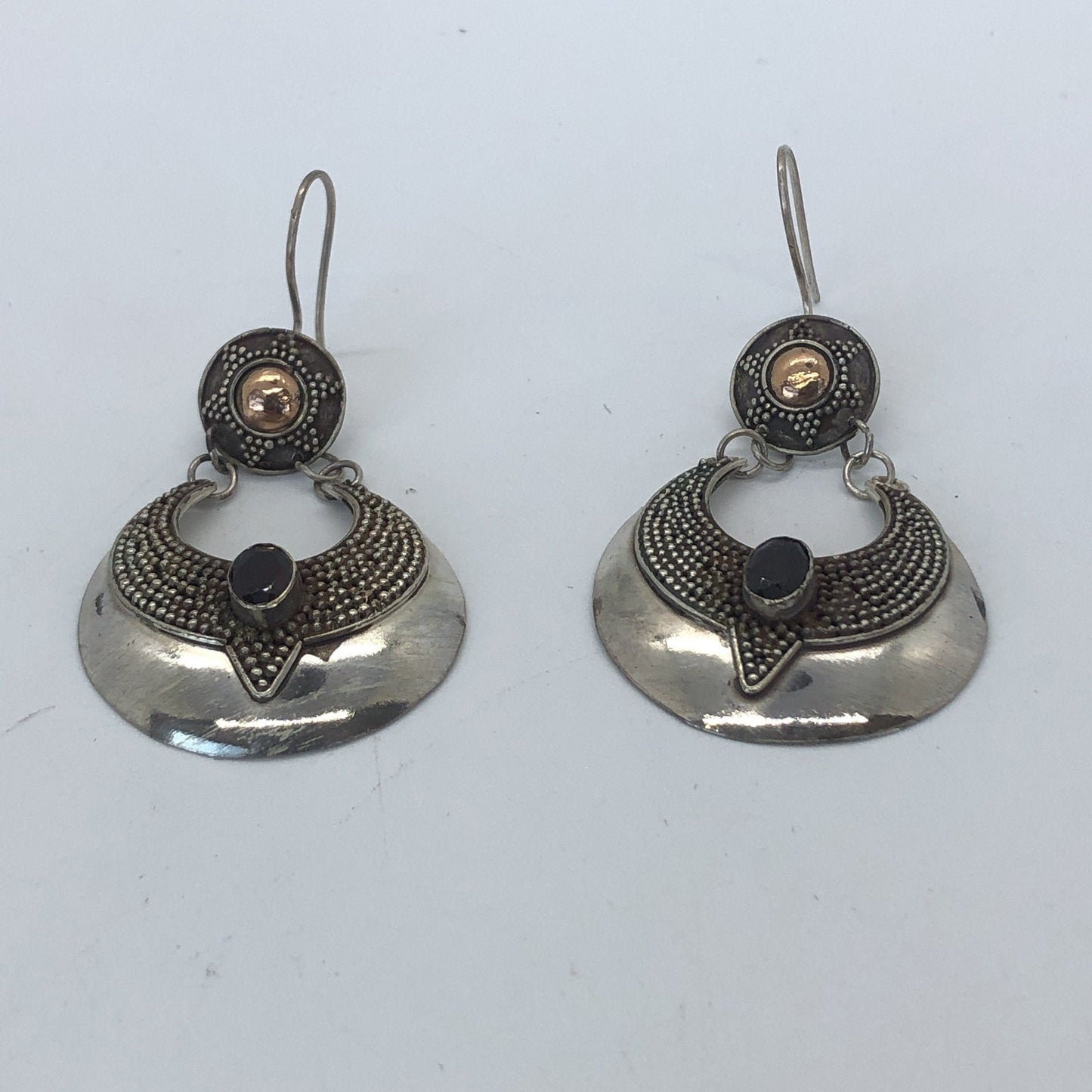 Large Handmade Sterling, Garnet  and gold wash french hook Earrings Indonesia, Vintage new old stock, Beautiful