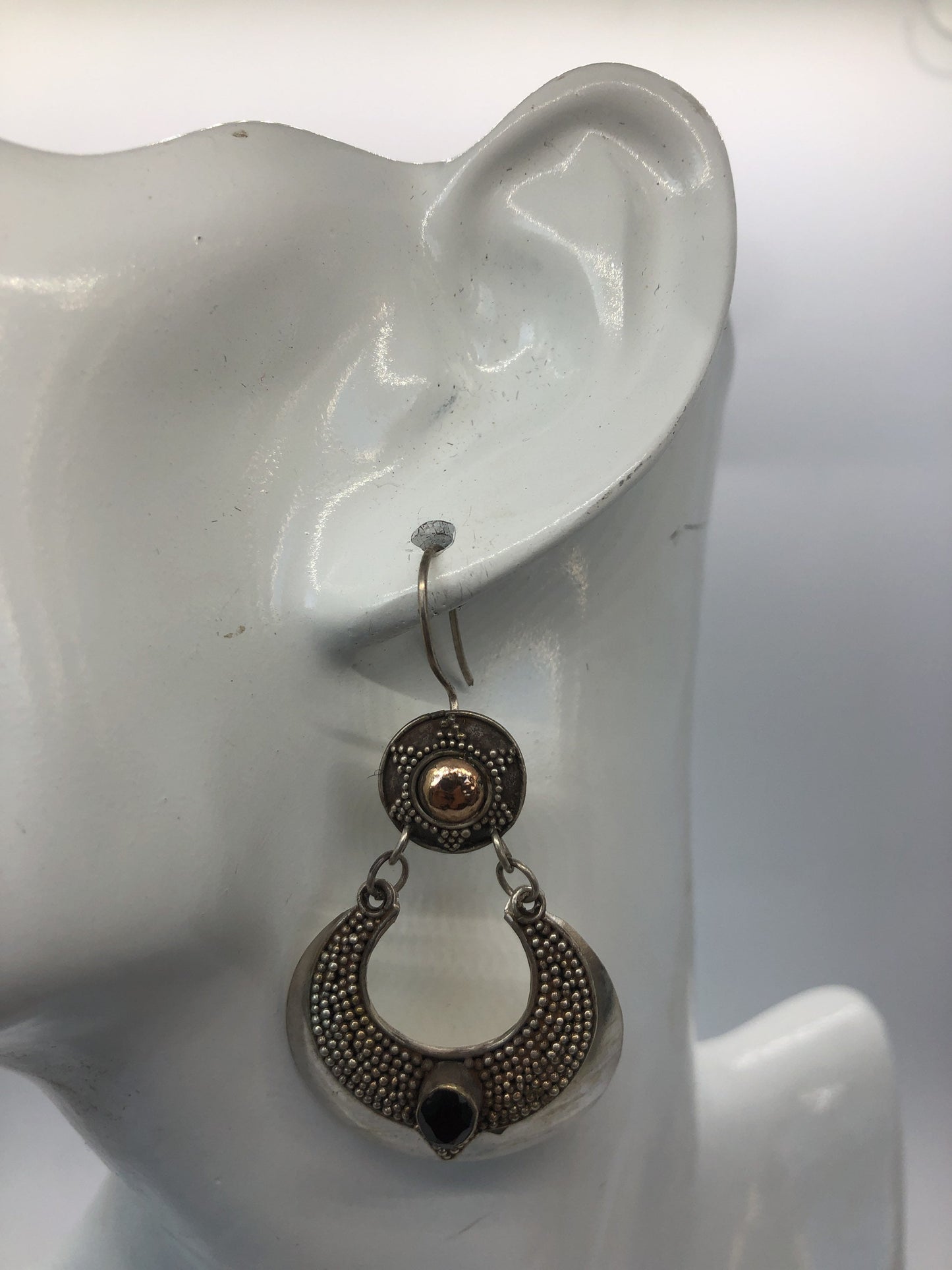 Large Handmade Sterling, Garnet  and gold wash french hook Earrings Indonesia, Vintage new old stock, Beautiful