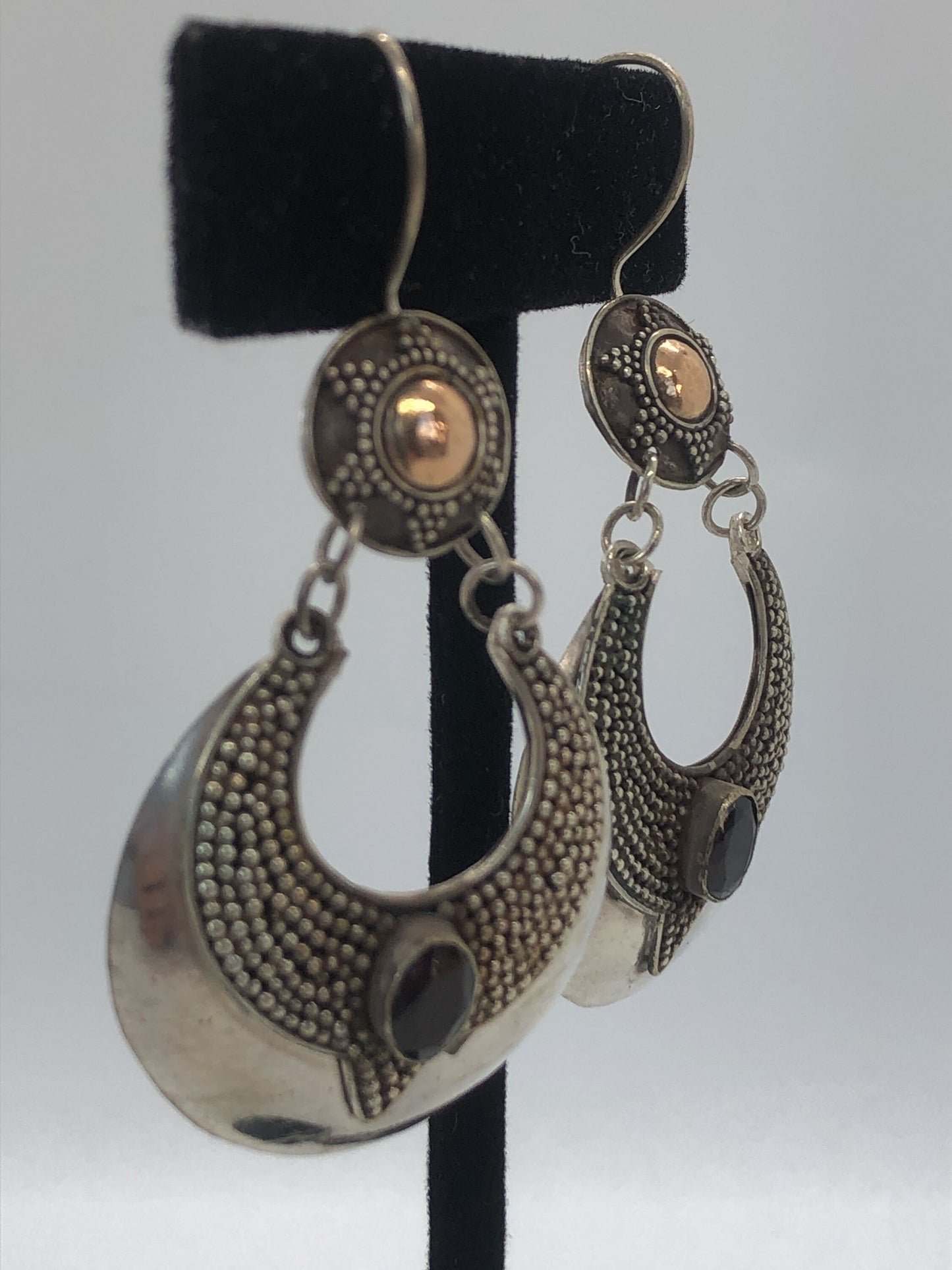 Large Handmade Sterling, Garnet  and gold wash french hook Earrings Indonesia, Vintage new old stock, Beautiful