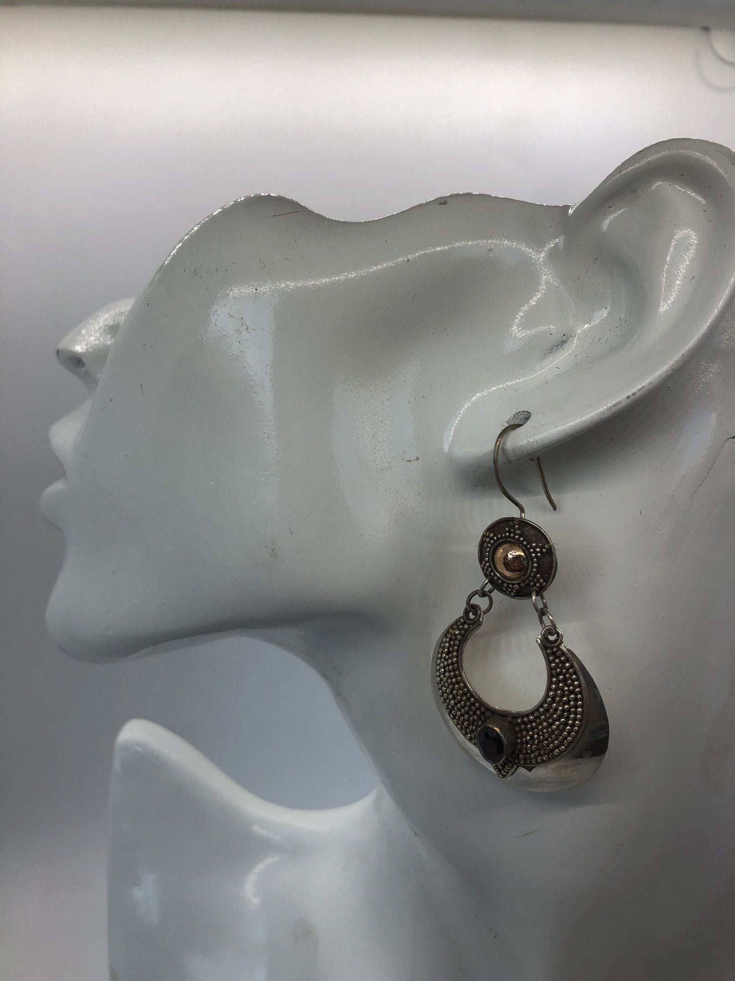 Large Handmade Sterling, Garnet  and gold wash french hook Earrings Indonesia, Vintage new old stock, Beautiful
