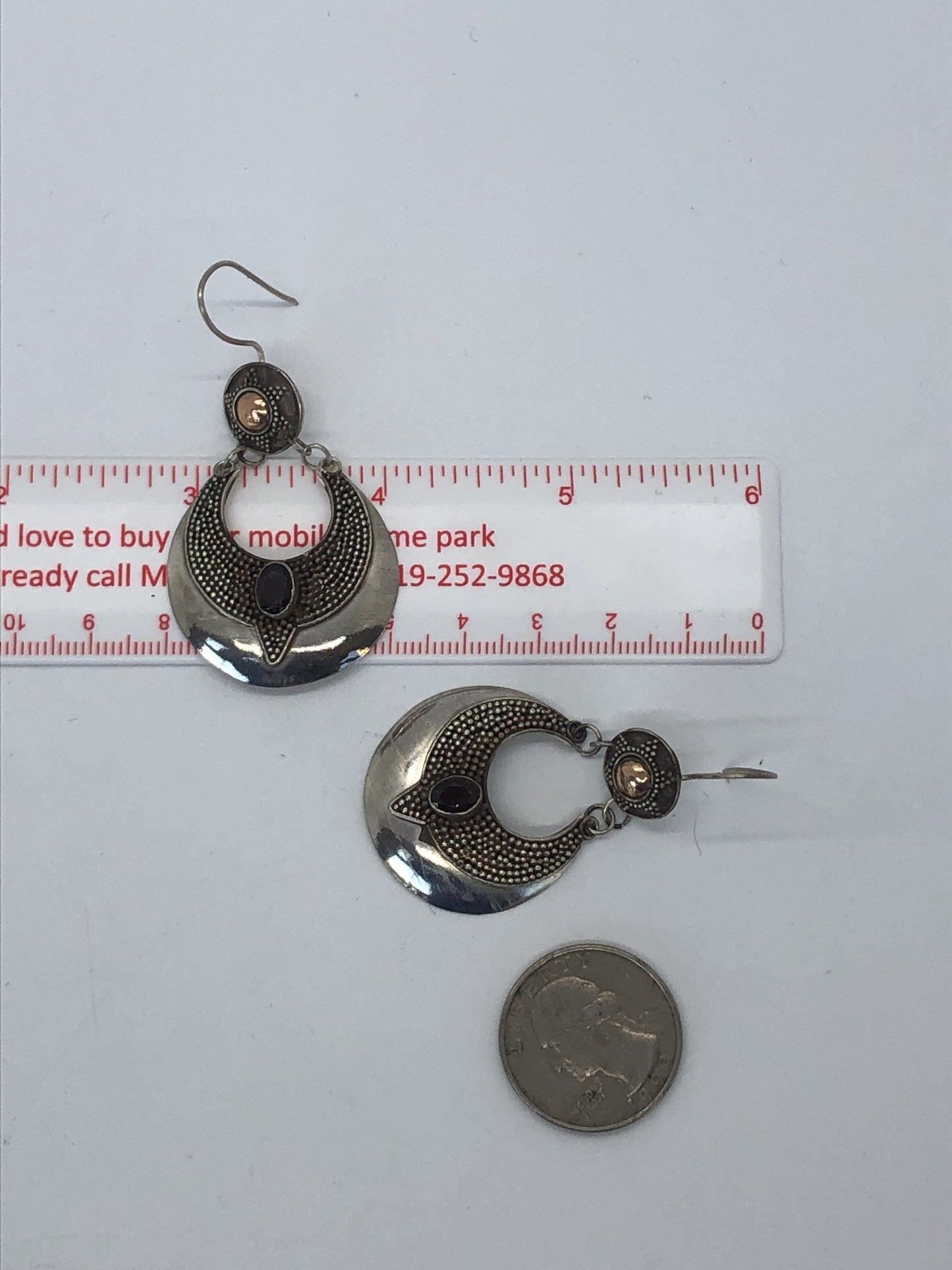 Large Handmade Sterling, Garnet  and gold wash french hook Earrings Indonesia, Vintage new old stock, Beautiful