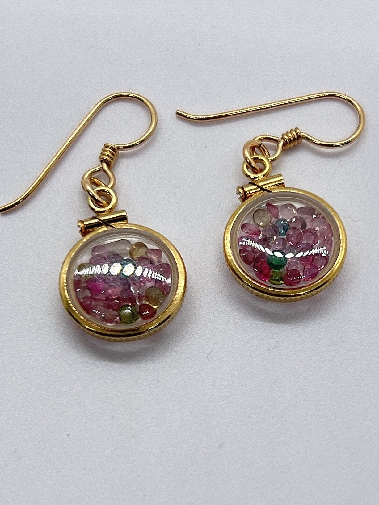 Handmade multicolored tourmaline Shaker Locket Earrings 14k gold filled w/ 2.6 CTW natural round cut gems