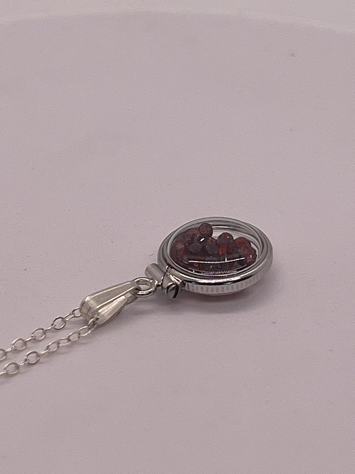 Handmade Diminutive Sterling Silver Garnet Shaker Locket Lucite View Locket, Necklace, Beautiful January Birthstone. 1.65 TCW, red round cut