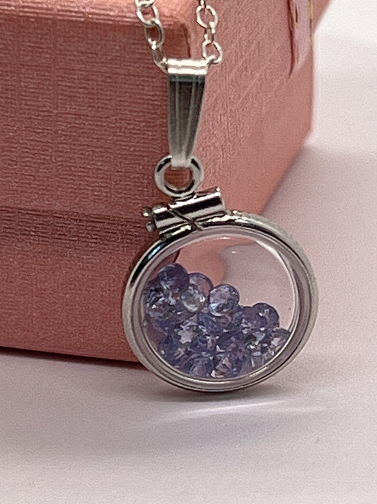 Handmade Diminutive Sterling Silver Tanzanite Shaker Locket Lucite View Locket, Necklace, with beautiful December Birthstone, I.6 TCW gems