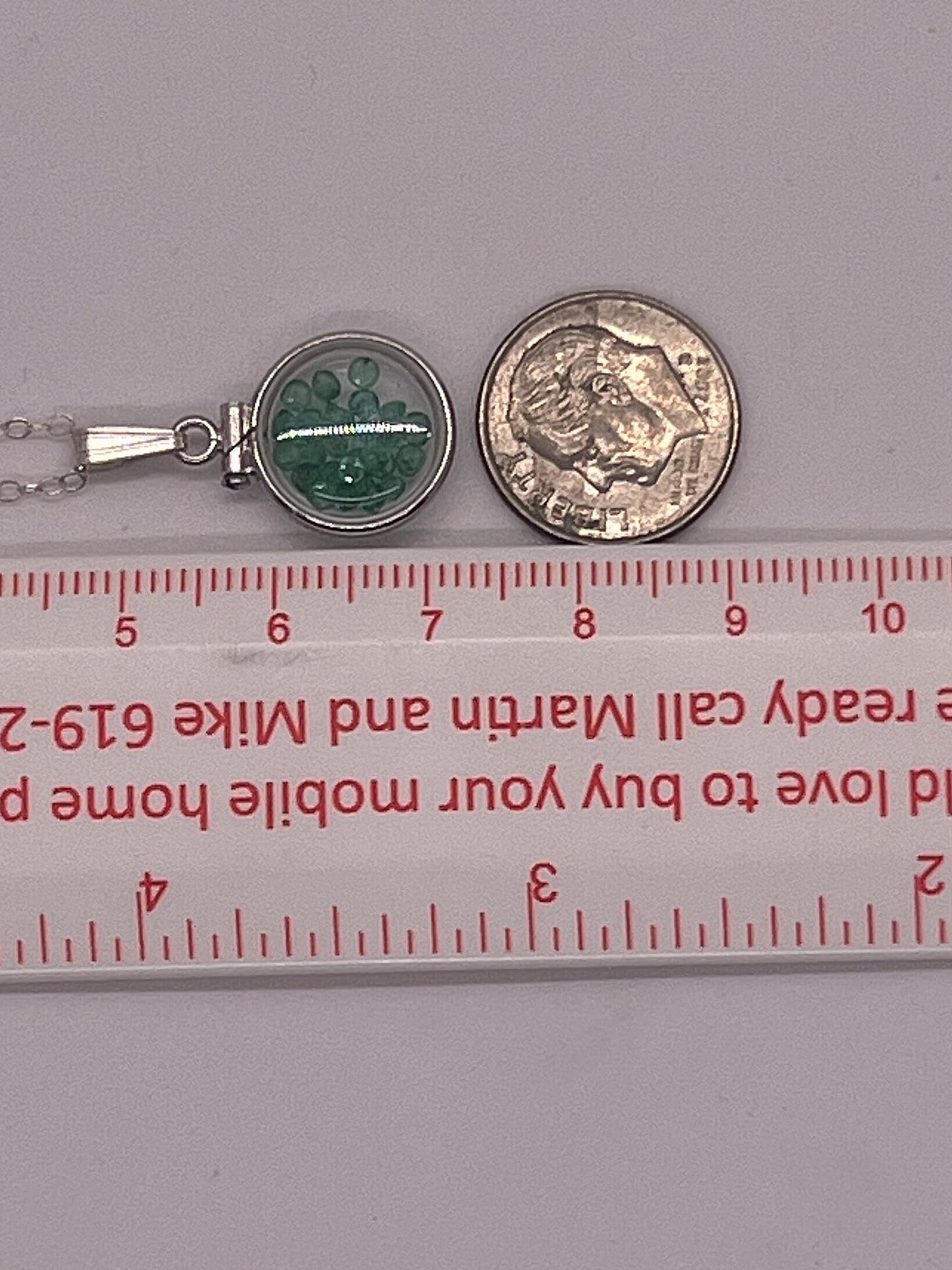 Handmade Diminutive Sterling Silver Emerald Shaker Locket Lucite View Locket, Necklace, Beautiful May Birthstone. 1.4 TCW