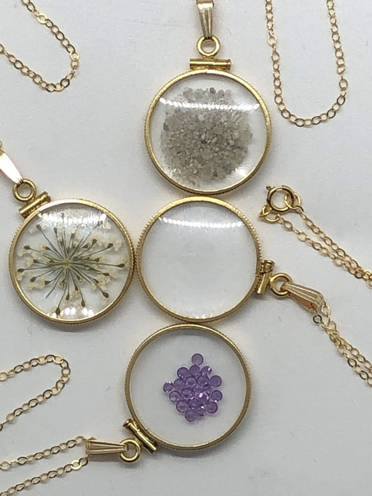 Empty Glass 20mm Handmade 14k gold filled shaker Locket, Ashes, sand, gems, hair, flowers, small treasures