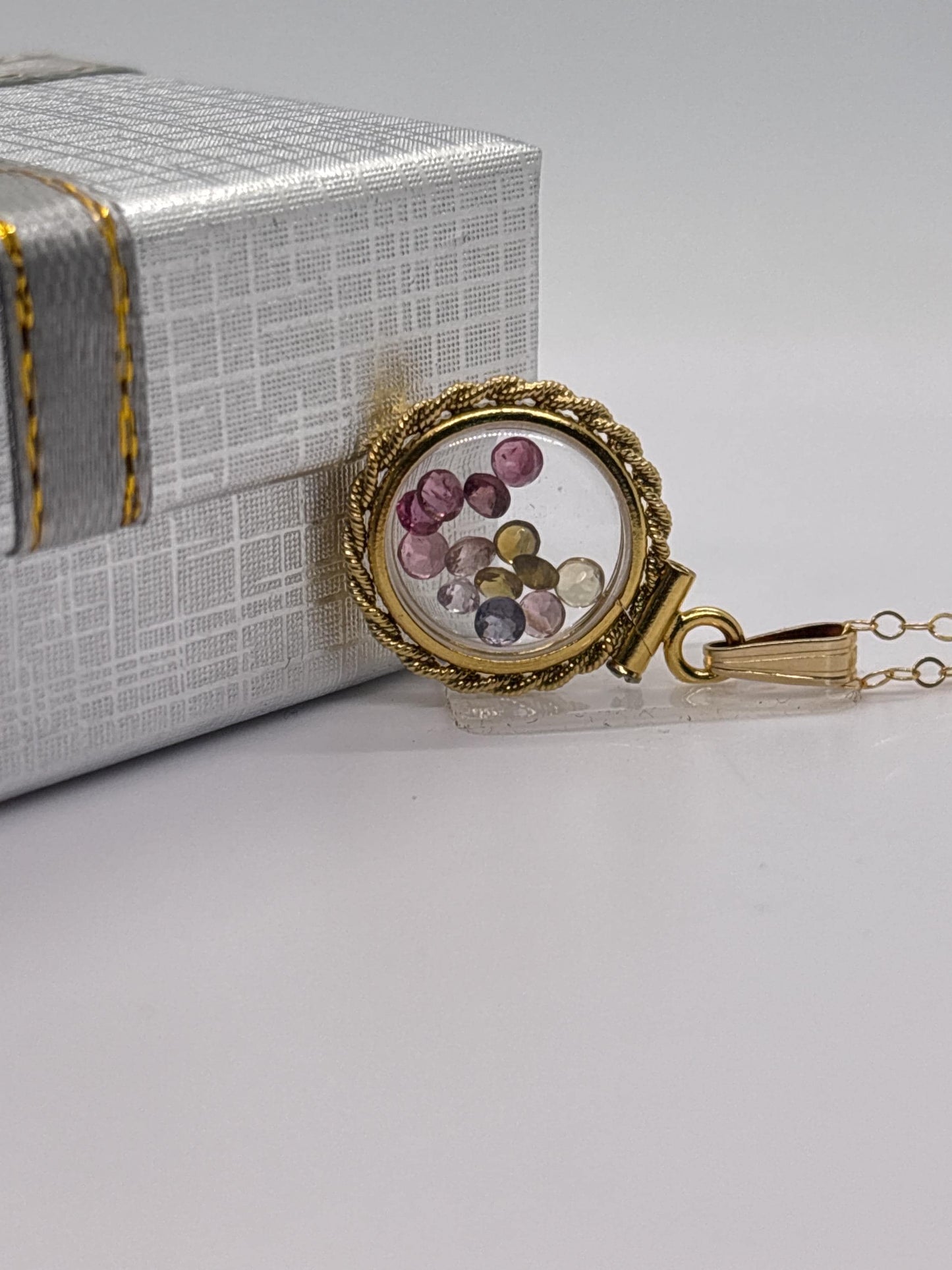 Handmade 12.5 mm 14k gold filled Gemstone Shaker Locket with twisted Rope edge bezel, 0.75 cttw. Multicolored Tourmaline, October Birthstone