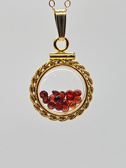 Handmade 12.5 mm 14k gold filled Gemstone  Shaker Locket with twisted Rope edge bezel, 0.75 cttw. Red Garnet, Birthstone January
