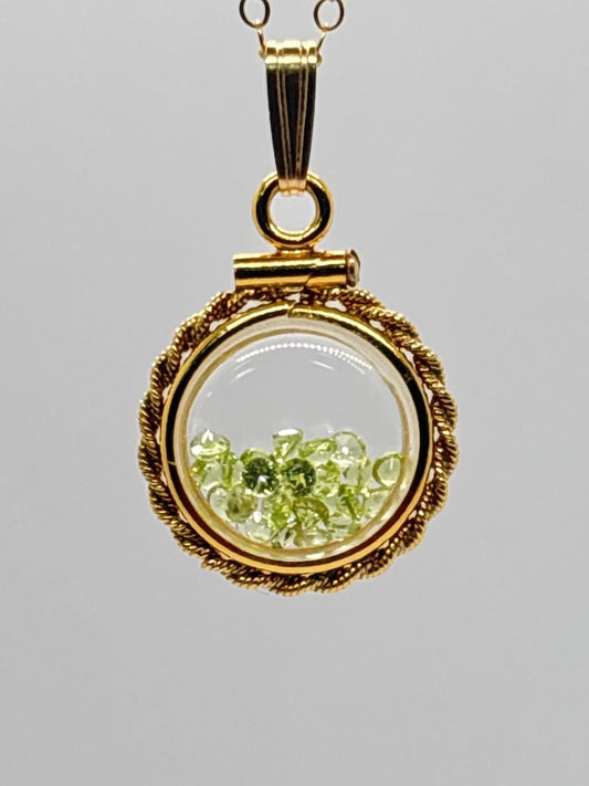 Handmade 12.5 mm 14k gold filled Gemstone  Shaker Locket with twisted Rope edge bezel, 0.75 cttw. Green Peridot, Birthstone August